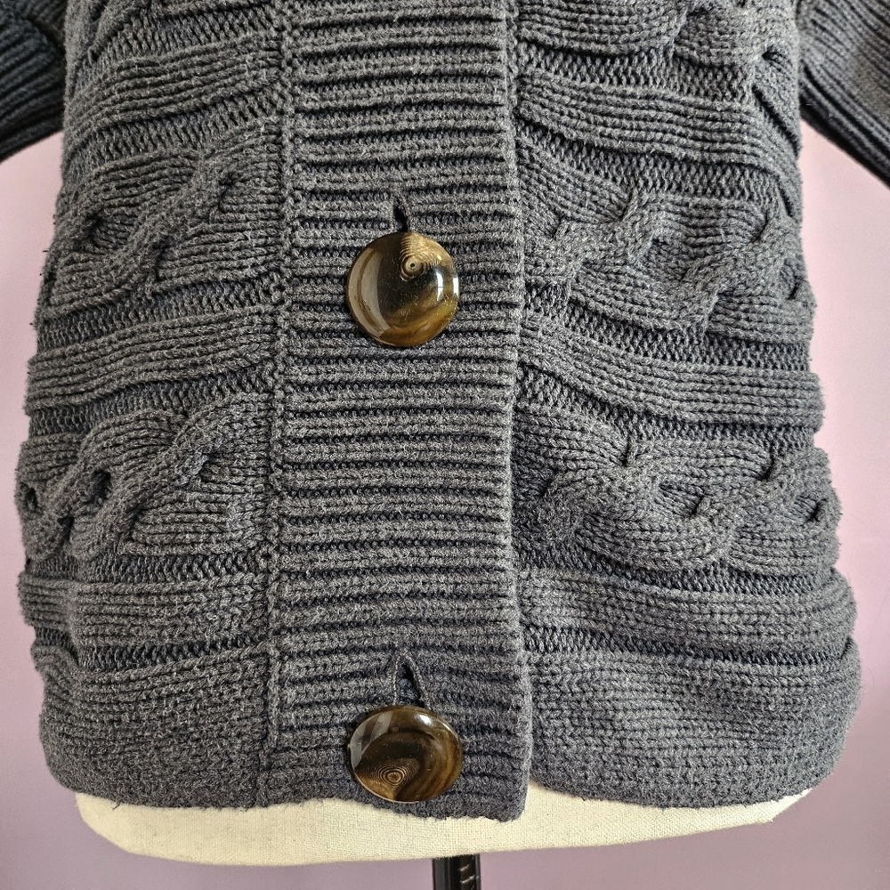 Talbots Gray 100% Cotton Cable Knit Collared Short Sleeve Buttoned Cardigan - Picture 3 of 8